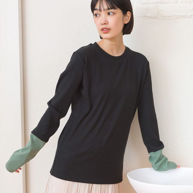 日本 OMNES - 低調簡約雙色羅紋長袖上衣-黑x綠