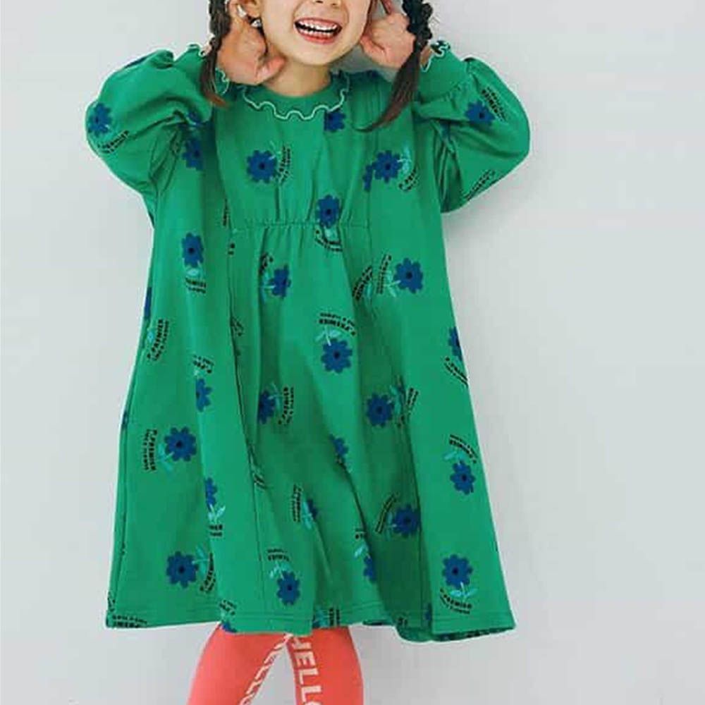 100%棉 可愛復古印花木耳領長袖洋裝-花朵-綠