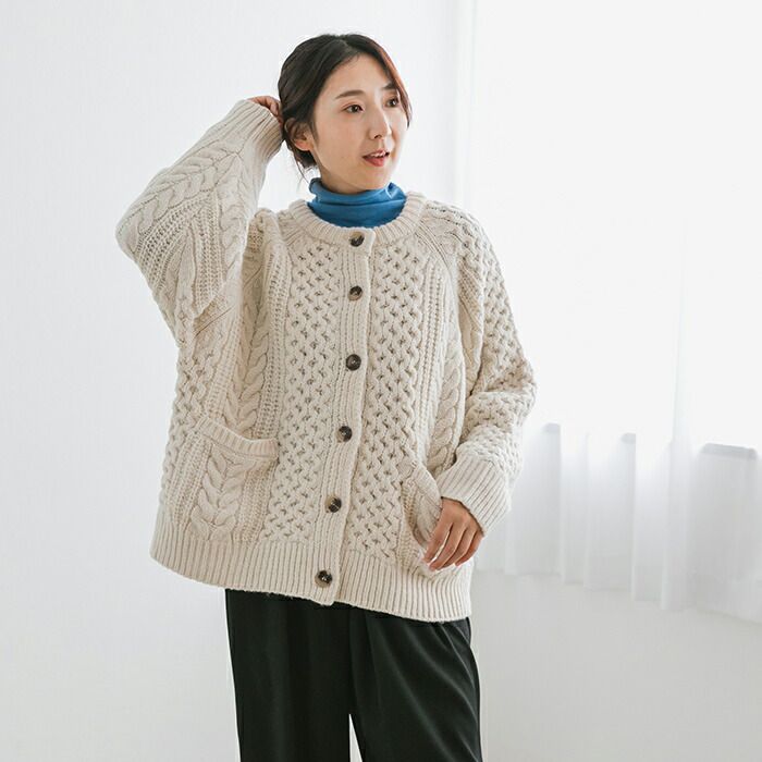 日本 ihuu - 粗編織麻花口袋針織外套-深灰