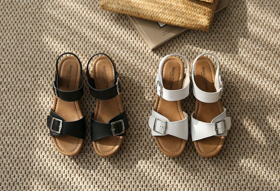 韓國 Dangolunni - 真皮鉚釘格厚底涼鞋-白