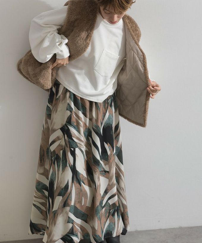 日本 Lupilien - 油畫線條感印花飄逸長裙(附口袋)-綠棕系