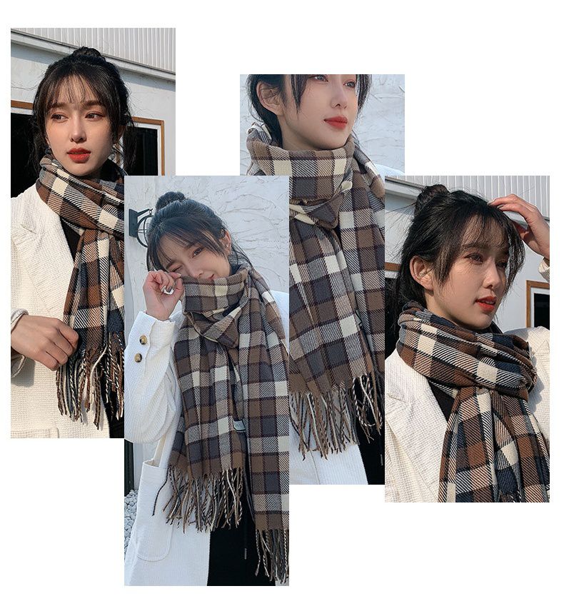 仿羊絨多彩格紋暖暖圍巾-灰+棕 (200x70cm)