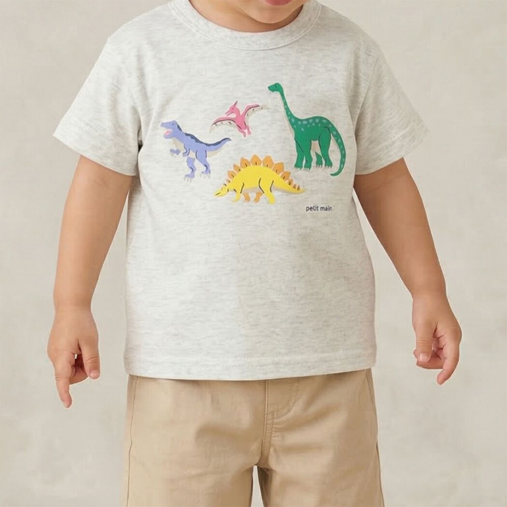 100%棉 可愛百搭短袖上衣-彩色恐龍-淺灰