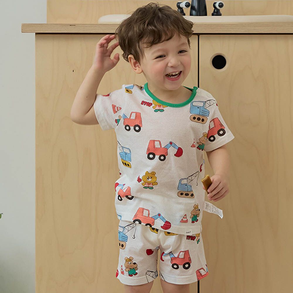 透氣網眼洞洞短袖家居服/睡衣-動物工程車-白