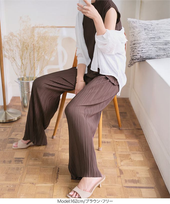 日本 Kobe Lettuce - [可剪裁]優美細坑條休閒寬褲-咖啡