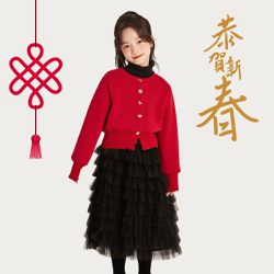 love, charlotte - 新年拜年紅色法式蝴蝶結金釦棉質開襟衫外套(內裡銀狐絨)-新年紅