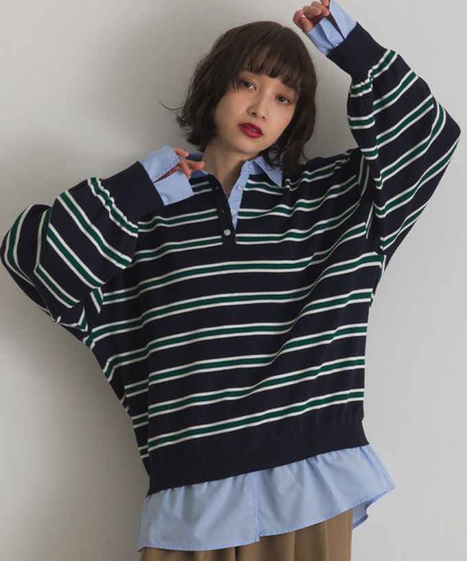 日本 ELENCARE DUE - 假二件襯衫領輕盈落肩長袖上衣-紫白條紋