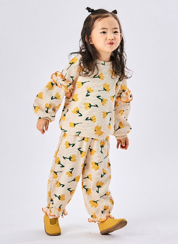 韓國 OZKIZ - 鬱金香鬆餅格紋長袖縮口套裝-紅花