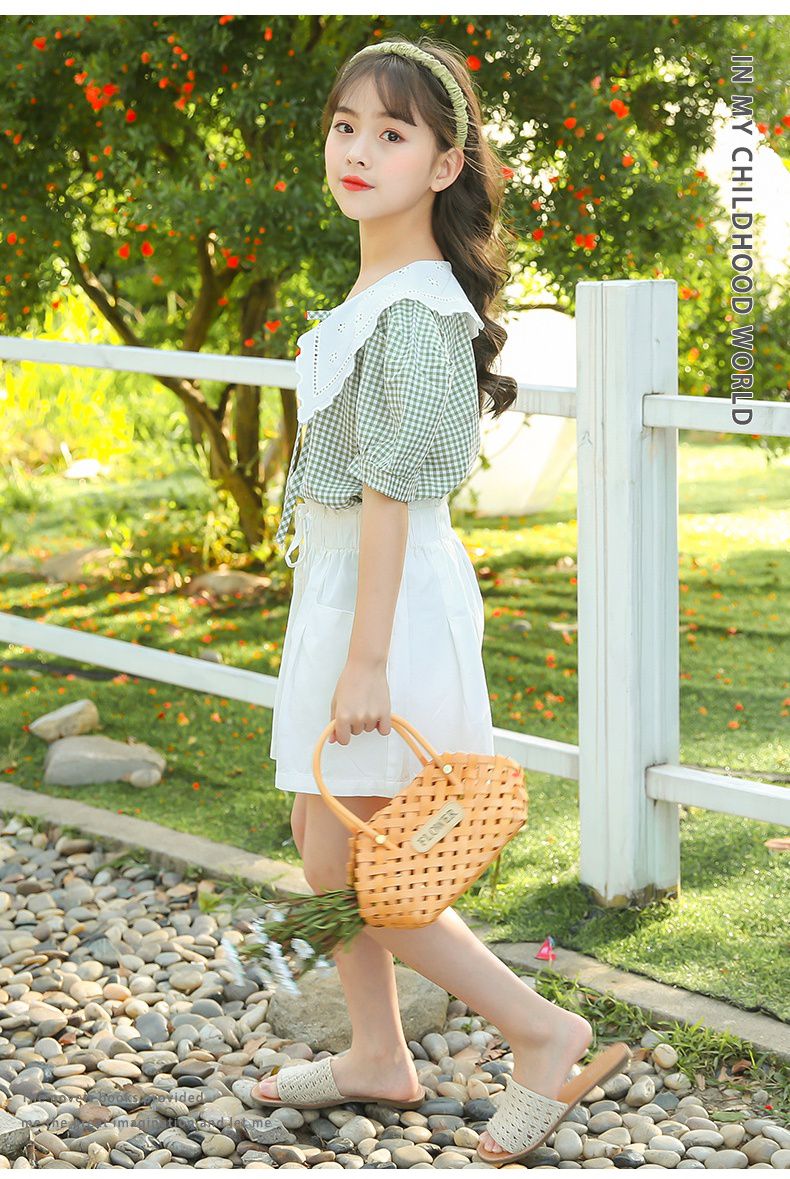 娃娃領短袖套裝-格紋上衣+花苞短褲-黑+白