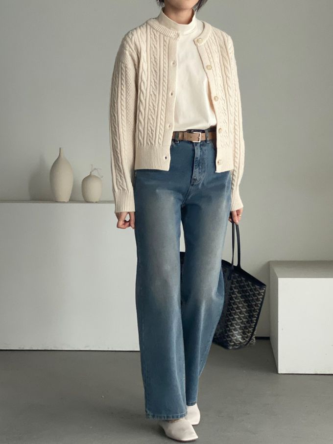 韓國女裝連線 - 麻花捲鈕扣無領針織外套-奶油米 (FREE)