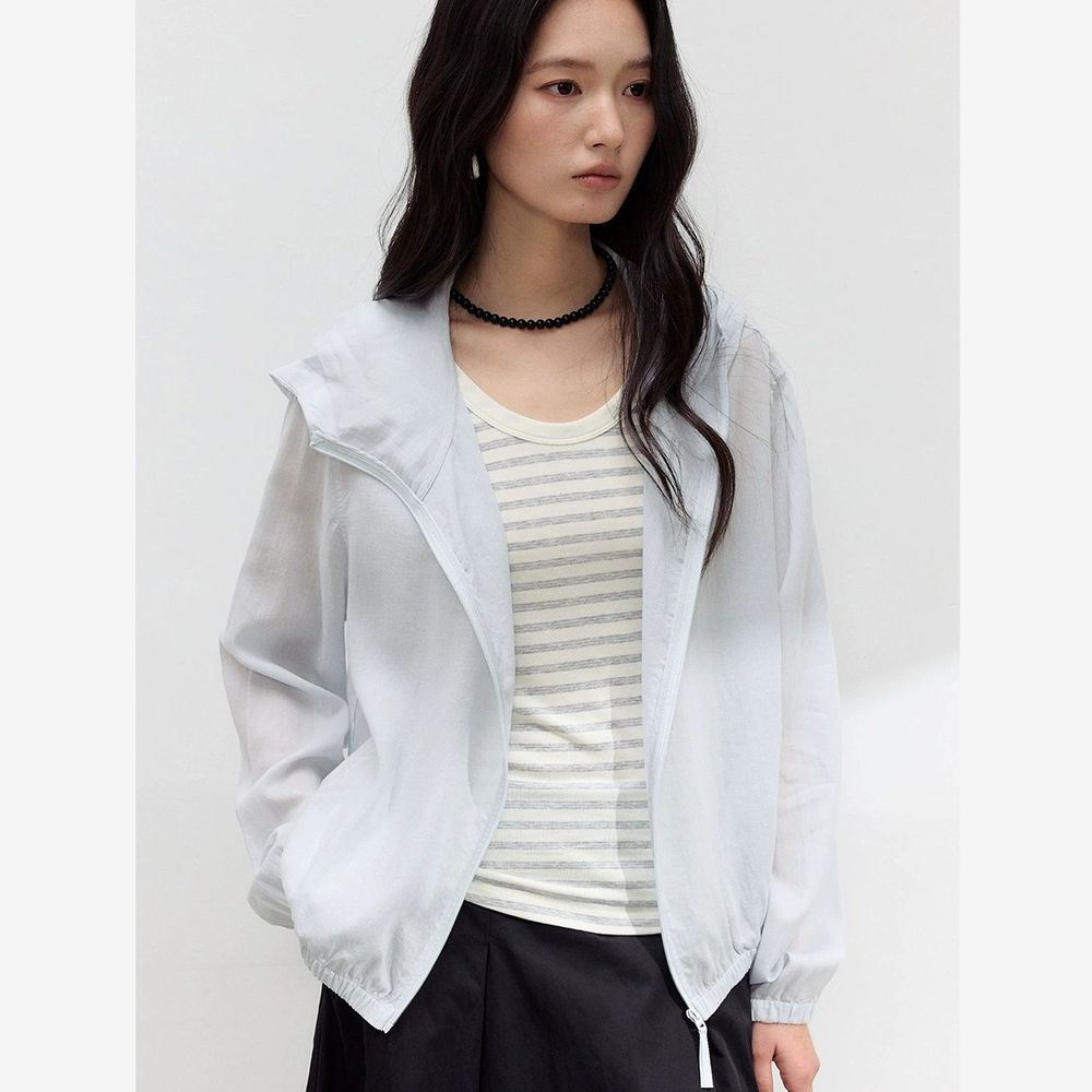 極簡慵懶天絲亞麻輕盈呼吸連帽外套-霧藍