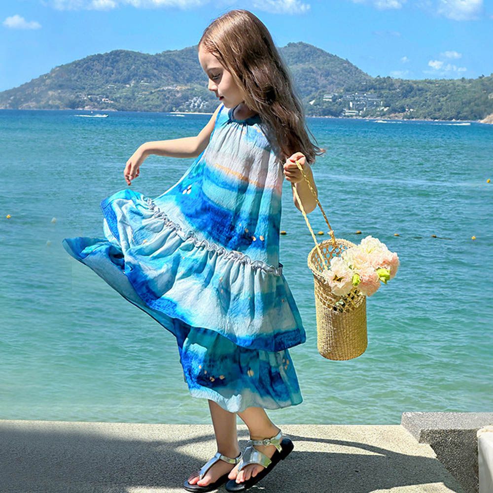蔚藍星海多層荷葉邊無袖洋裝-暈染藍