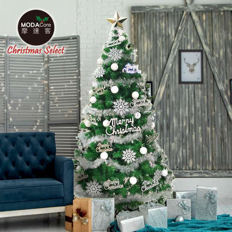 MODACore 摩達客 - 摩達客耶誕-台灣製6尺(180cm)豪華版綠聖誕樹+冰雪銀白系飾品組(不含燈)本島免運費