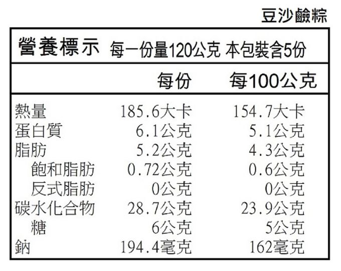 南園食品 - 南園豆沙鹼粽 5入/盒-120g/入