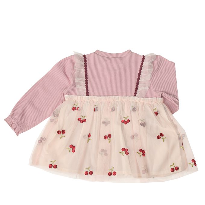 akachan honpo - 長袖假兩件休閒上衣-刺繍-粉紅色