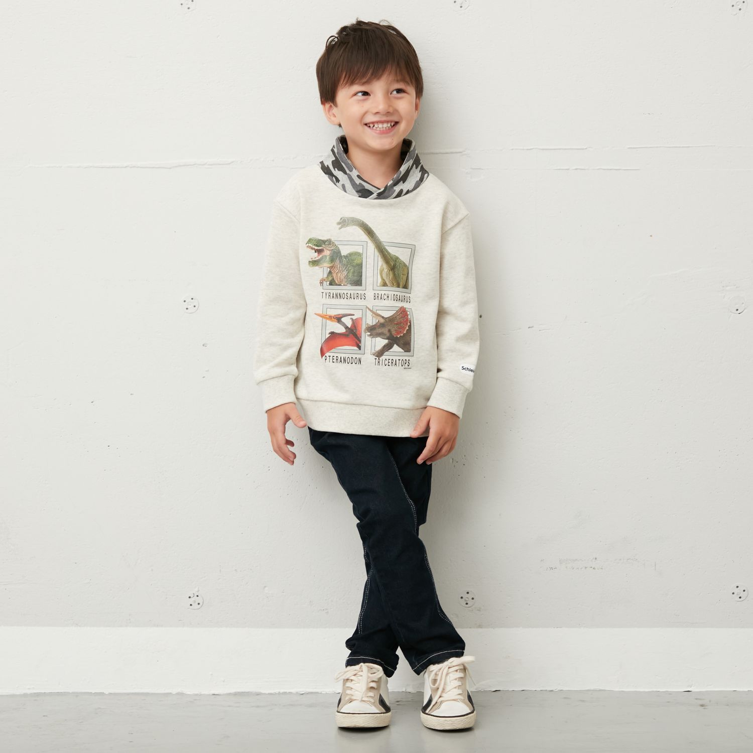 日本千趣會 - Schleich 防風領裏毛印花長袖上衣-恐龍世界-灰黑x迷彩