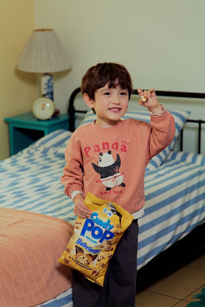 韓國 First Blue - 運動動物印花長袖大學T-熊貓呼拉圈-橘