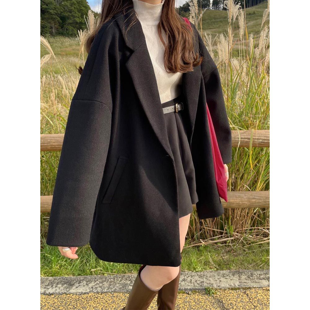 日本 GRL - 時尚顯瘦繭型中長版大衣外套-時尚黑