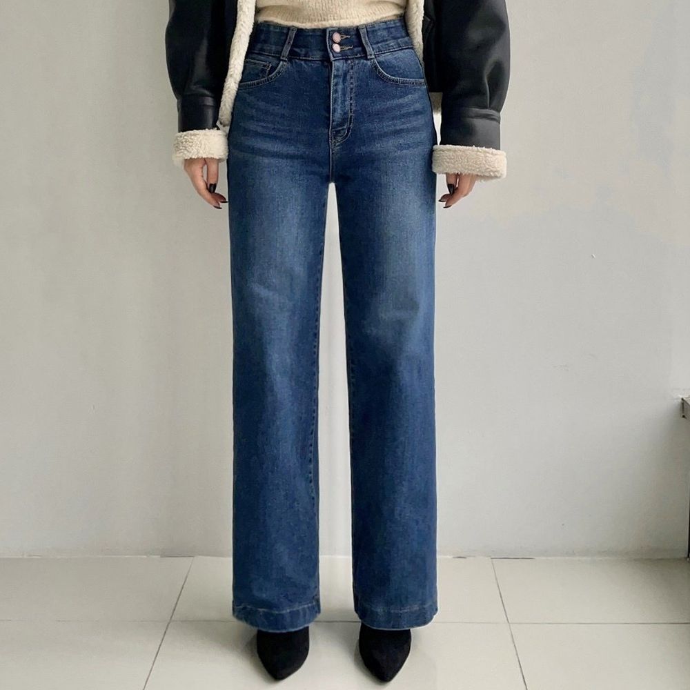 Howluk (內磨毛)雙釦彈性腰直筒丹寧褲-中青