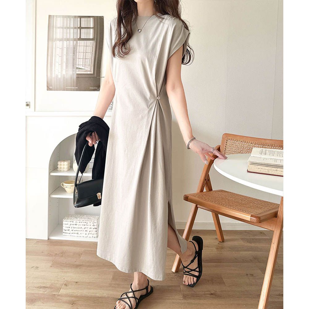 顯瘦摺線設計感短袖開叉洋裝-淺灰