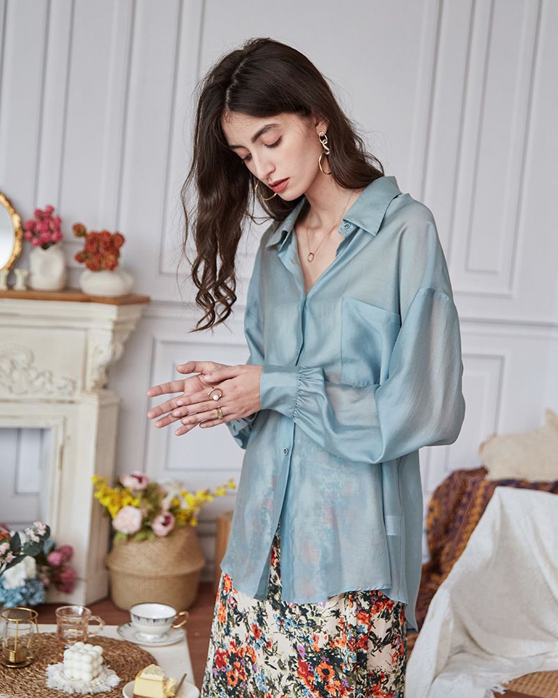 氣質透膚襯衫/罩衫-淺藍色 (M)