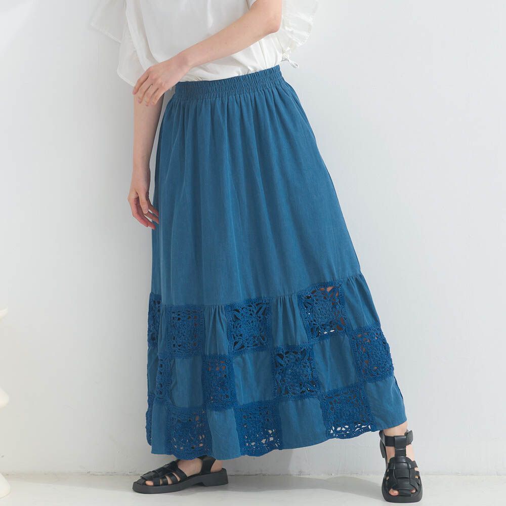 100%印度棉 自然派編織鉤針長裙-藍