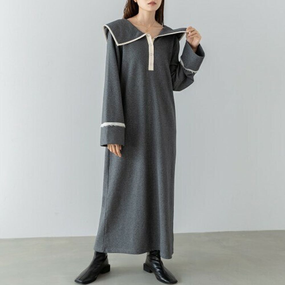 滾邊個性大翻領休閒長袖洋裝-深灰