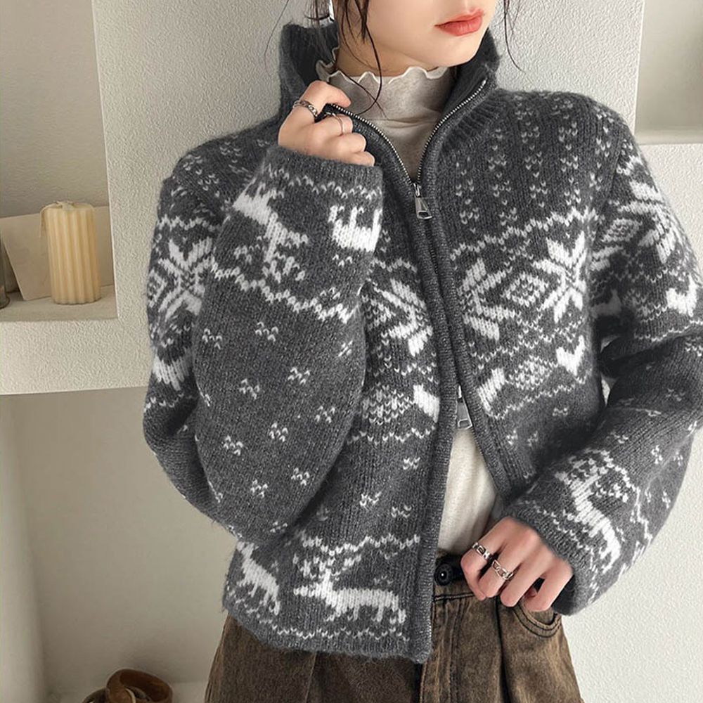 mily bilet 北歐雪花氛圍短版針織外套-灰x白