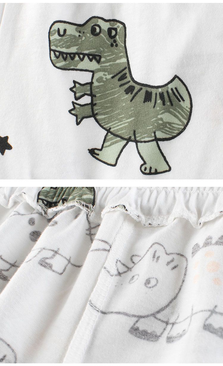 純棉腰鬆緊休閒五分褲-塗鴉綠恐龍-米白色