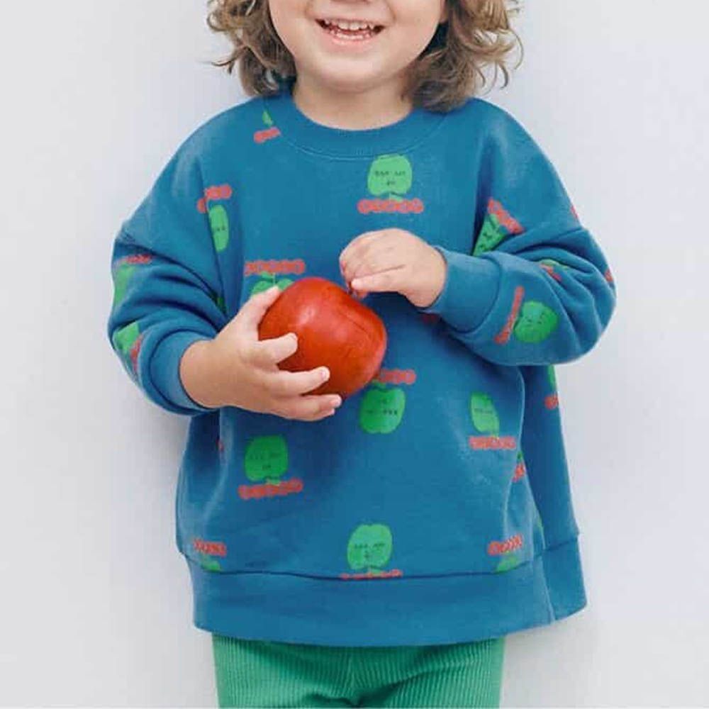 100%棉 繽紛感印花縮口長袖上衣-蘋果-藍