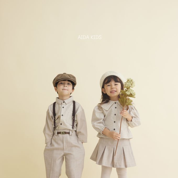 韓國 AIDA - (不含領結)拼接感格紋翻領長袖襯衫-可可咖