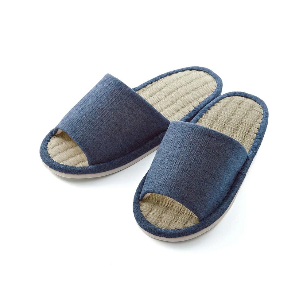日本千趣會 - 日本製 棉麻X藺草透氣室內拖鞋-深藍