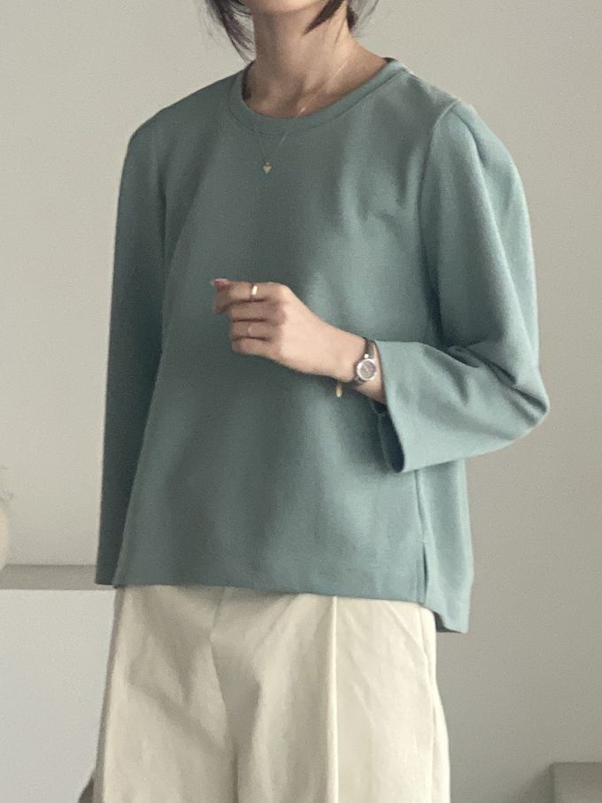 韓國女裝連線 - 設計感抓褶拼接八分袖上衣-藍綠 (FREE)