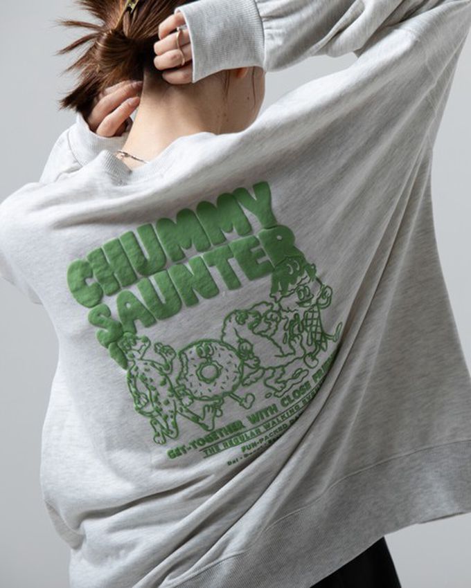 日本 gleam - 裏毛寬版甜點好友印花大學T-白x深藍