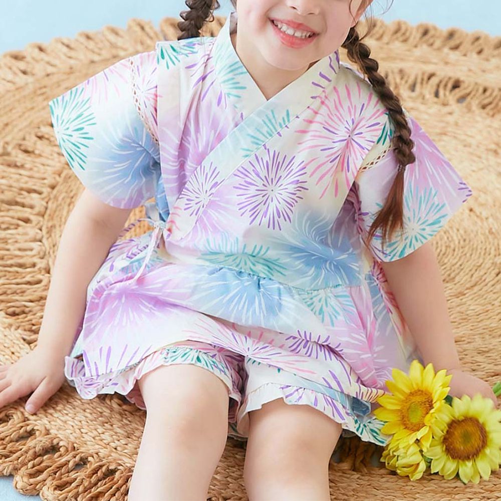 100%棉 可愛荷葉甚平套裝-夏季煙火-象牙白