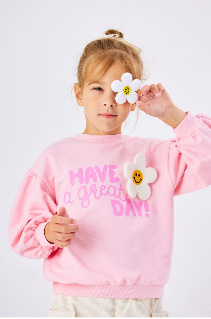 韓國 OZKIZ - 微笑花裝飾長袖大學T-粉