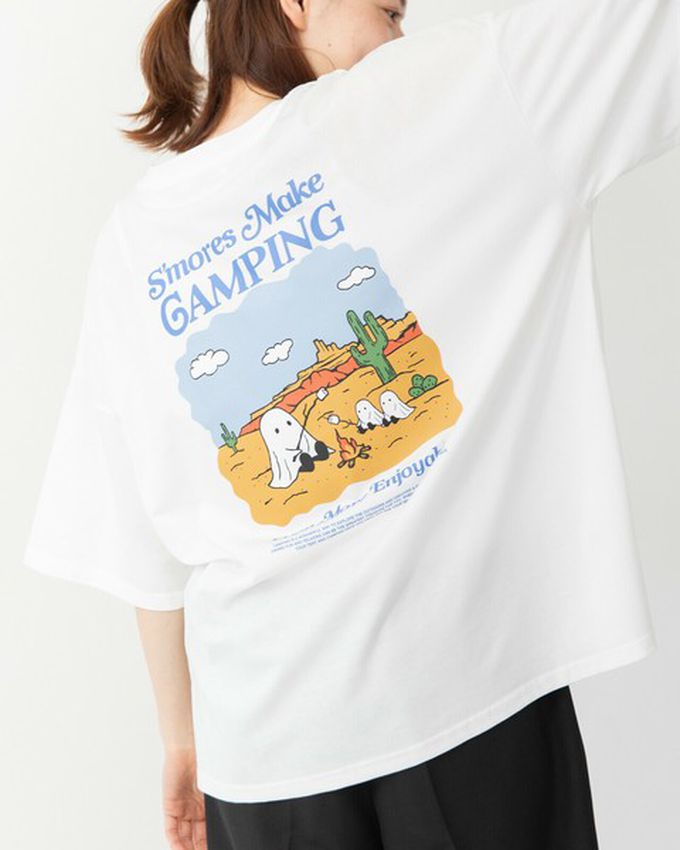 日本 gleam - 俏皮露營幽靈印花寬大風短袖T恤-粉紅