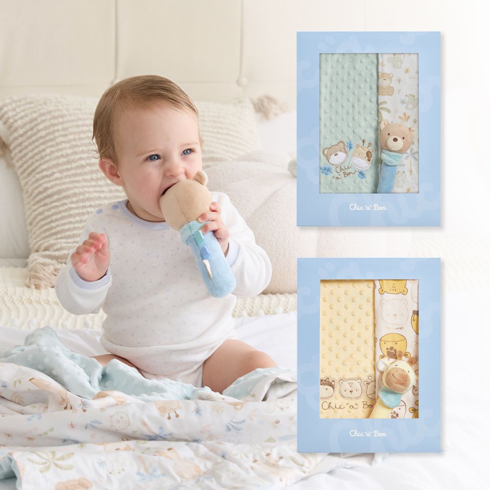 天絲豆趣四季毯禮盒 70x90cm(四季毯+手搖鈴 寶寶新生兒禮 滿月禮 彌月禮 豆豆蓋毯 寶寶毯)-水綠色