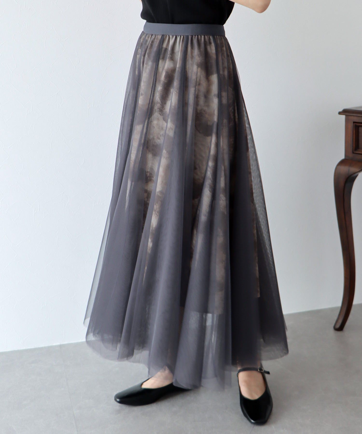 日本 BLUE EAST - 浪漫印花雙層紗裙-卡其