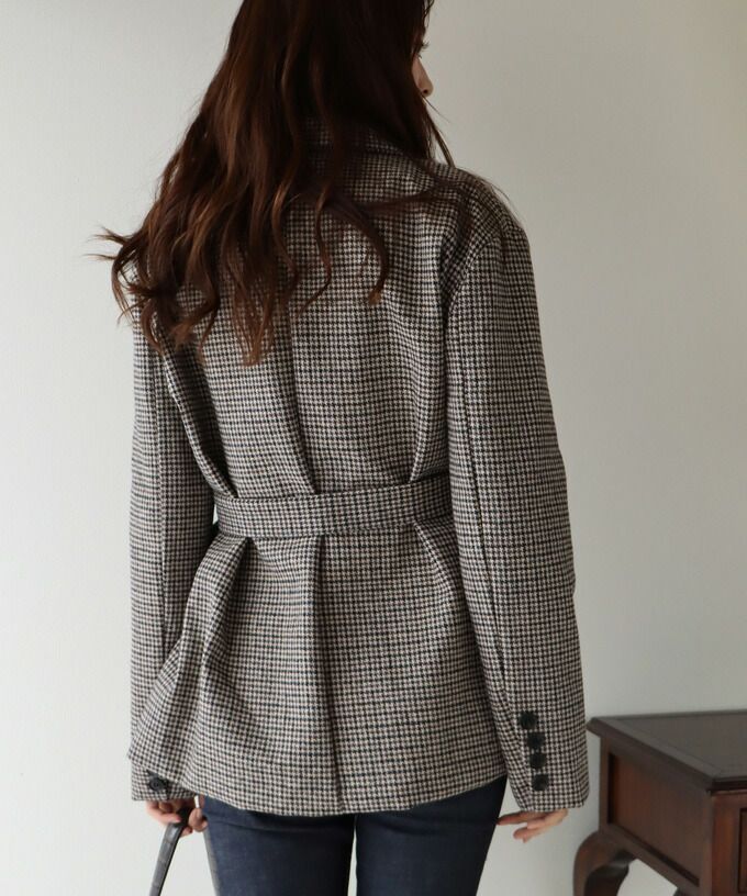 日本 BLUE EAST - 千鳥格帥氣西裝短版風衣外套(附綁帶)-深灰