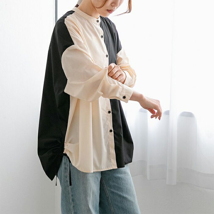 日本 ihuu - 側抽繩條紋撞色長袖襯衫-奶茶