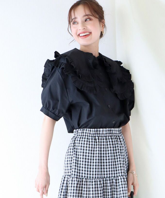 日本 BLUE EAST - 輕奢多層次荷葉大領短袖上衣-白