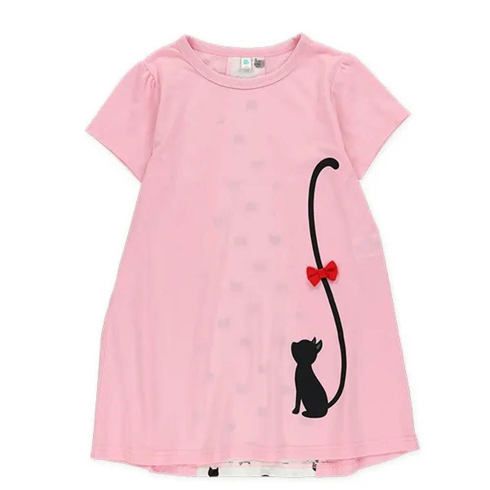 貓咪尾巴背後拼接短袖洋裝-粉紅