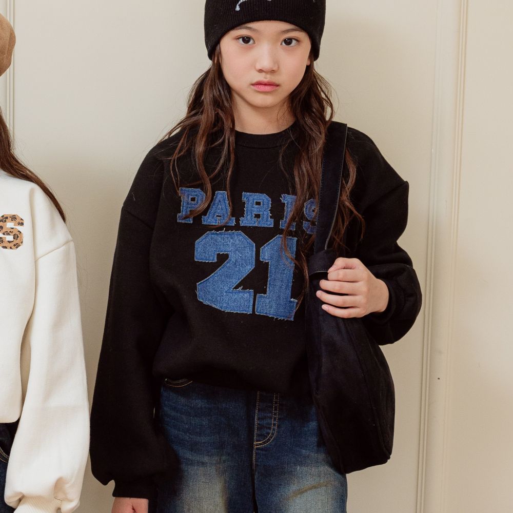 sm2 (內磨毛)長袖大學T-丹寧數字-黑