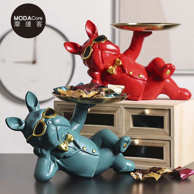 MODACore 摩達客 - 摩達客◉春節開運招財◉帥氣墨鏡狗鬥牛犬頂托盤擺飾-紅色款-聚寶盆糖果收納