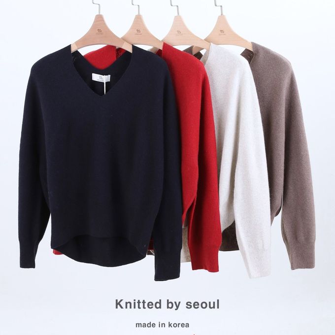韓國女裝連線 - 溫柔V領喀什米爾羊毛長袖針織上衣-燕麥 (FREE)