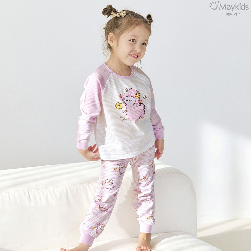 透氣條紋提花棉長袖家居服-花朵羊駝-粉紫