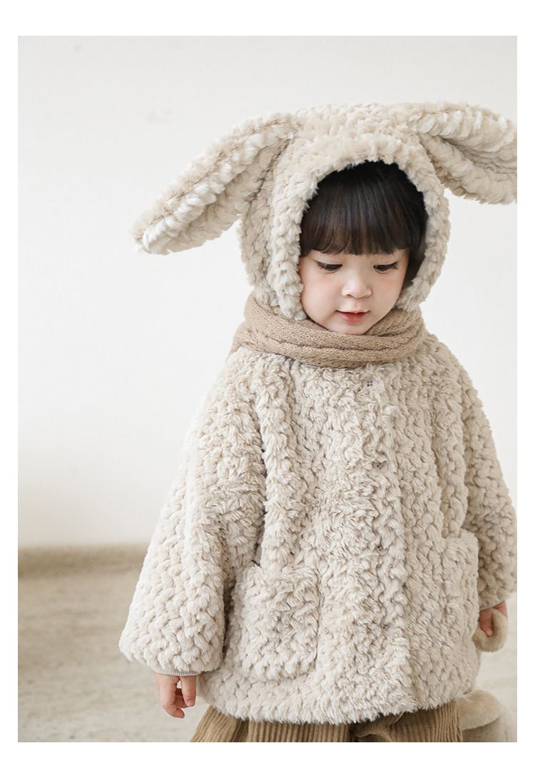 TONGMO - 立體造型毛絨保暖連帽外套-兔耳朵-粉色