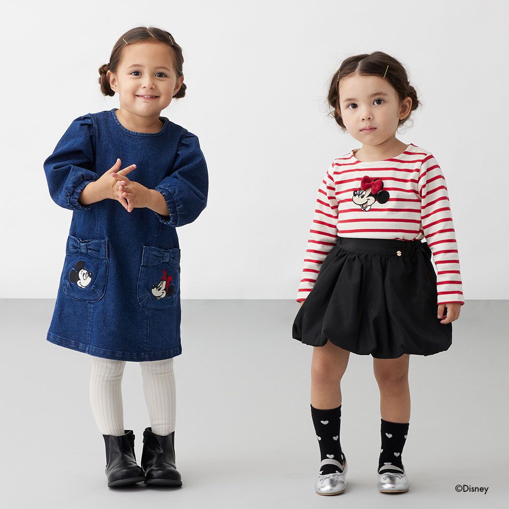 日本 petit main - 聯名款 俏麗蝴蝶結口袋長袖洋裝-丹寧藍