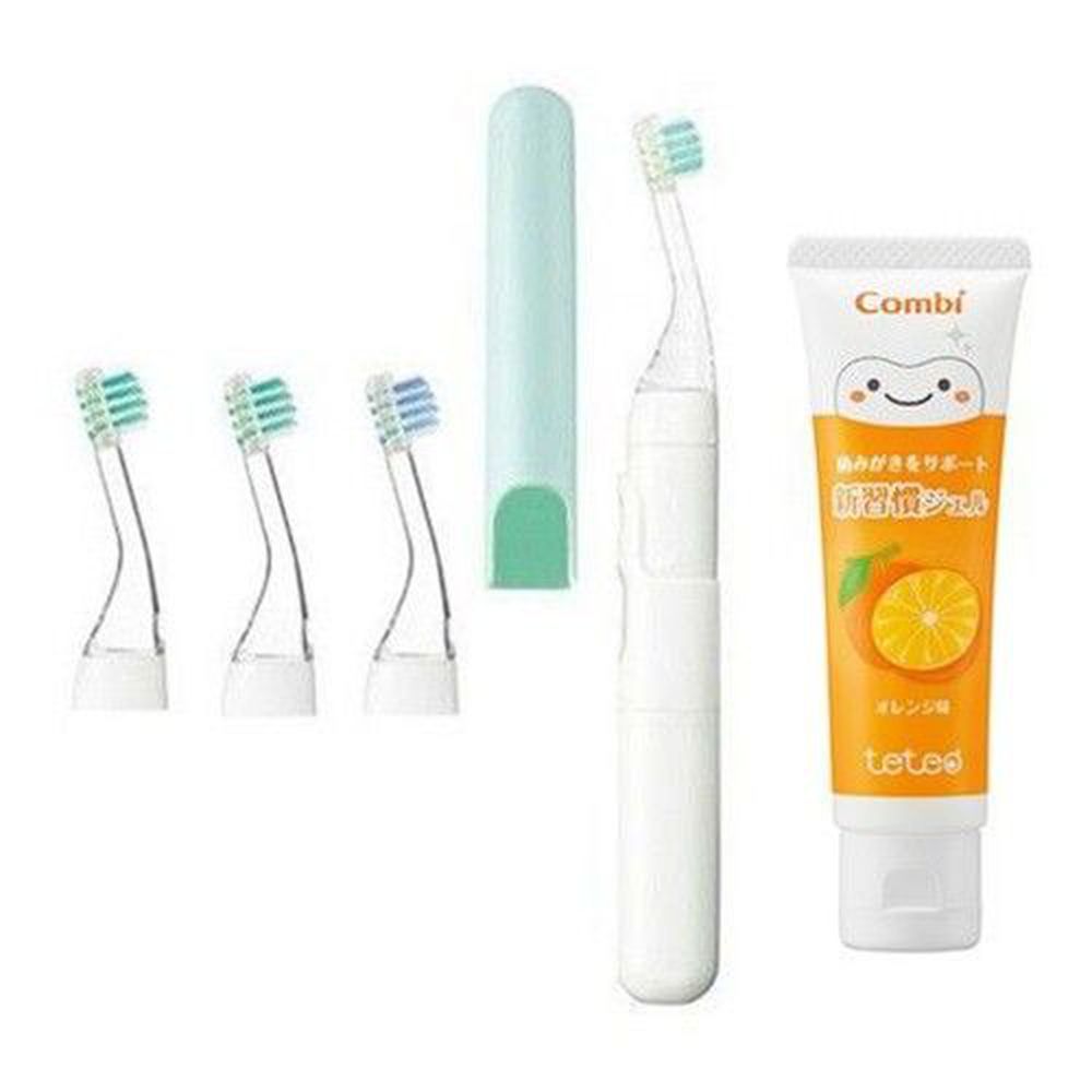 日本 Combi - teteo 幼童電動牙刷+替換刷頭x2入+含氟牙膏(橘子)(含氟量500ppm)-薄荷綠 (約6M)